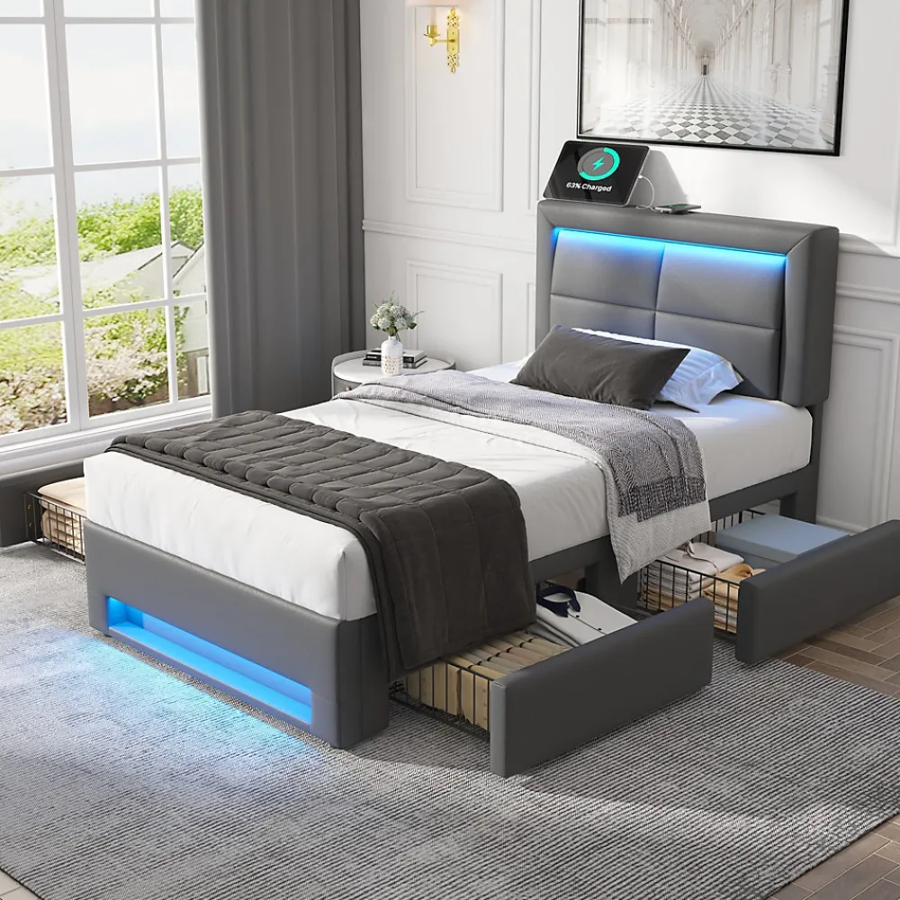 Lit Simple 90x200 cm - Lit Coffre avec 4 Tiroirs et Éclairage LED - Lit Capitonné PU - Gris - Sans Matelas>Generique