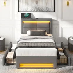 Lit Simple 90x200 cm - Lit Coffre avec 4 Tiroirs et Éclairage LED - Lit Capitonné PU - Gris - Sans Matelas>Generique