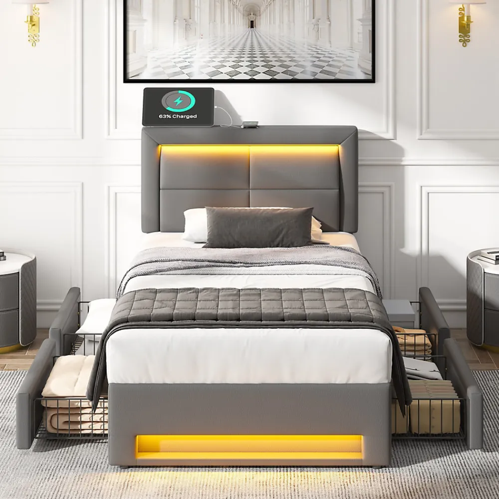 Lit Simple 90x200 cm - Lit Coffre avec 4 Tiroirs et Éclairage LED - Lit Capitonné PU - Gris - Sans Matelas>Generique