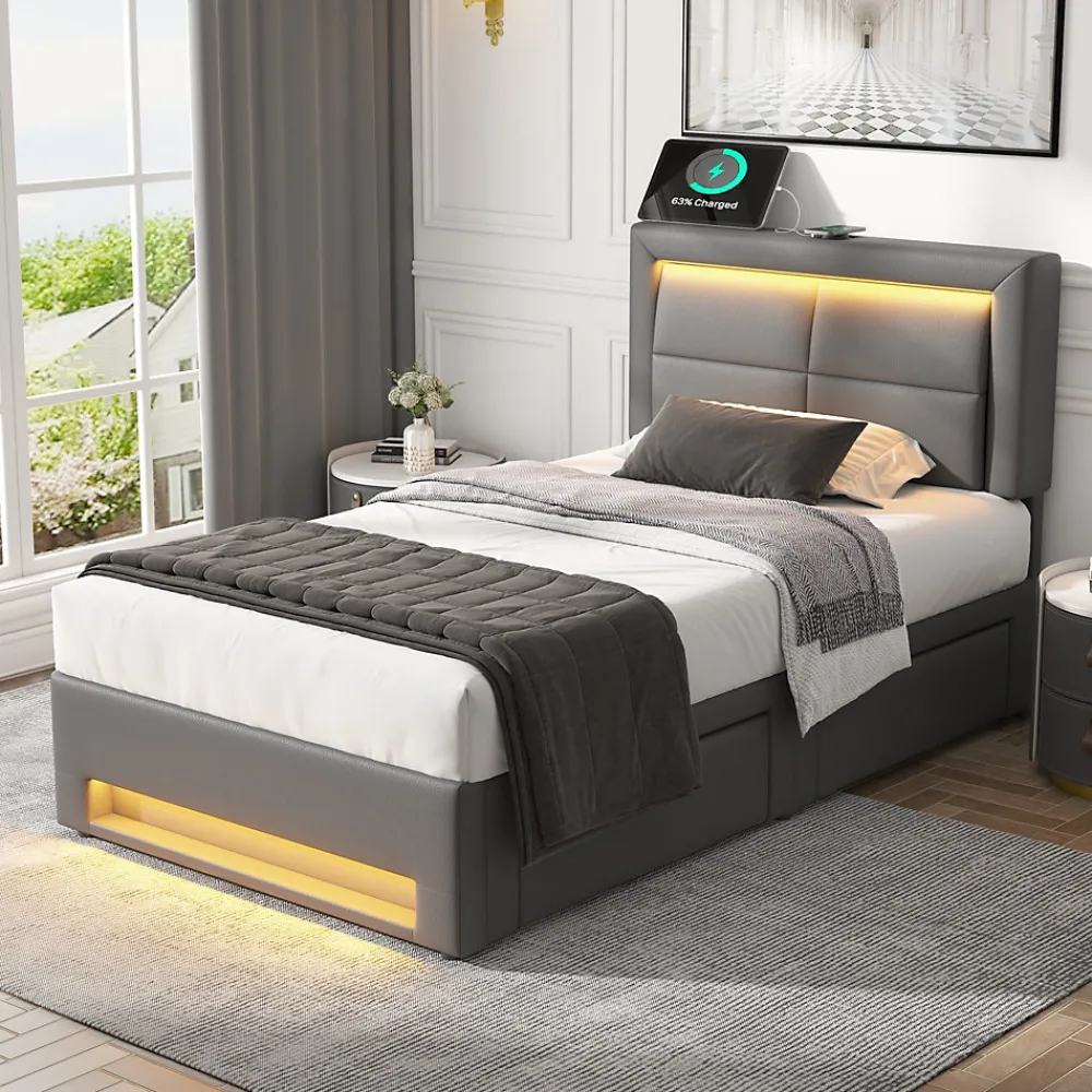 Lit Simple 90x200 cm - Lit Coffre avec 4 Tiroirs et Éclairage LED - Lit Capitonné PU - Gris - Sans Matelas>Generique