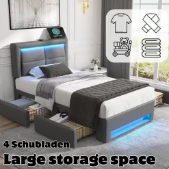 Lit Simple 90x200 cm - Lit Coffre avec 4 Tiroirs et Éclairage LED - Lit Capitonné PU - Gris - Sans Matelas><noscript><img width=