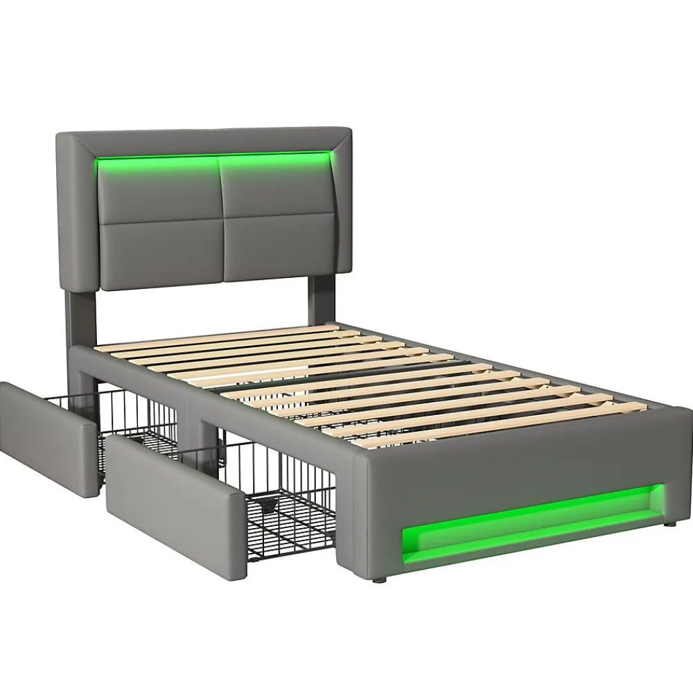 Lit Simple 90x200 cm - Lit Coffre avec 4 Tiroirs et Éclairage LED - Lit Capitonné PU - Gris - Sans Matelas>Generique