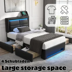 Generique Lit Simple 90x200 cm - Lit Coffre avec 4 Tiroirs et Éclairage LED - Lit Capitonné PU - Noir - Sans Matelas* Lit Coffre