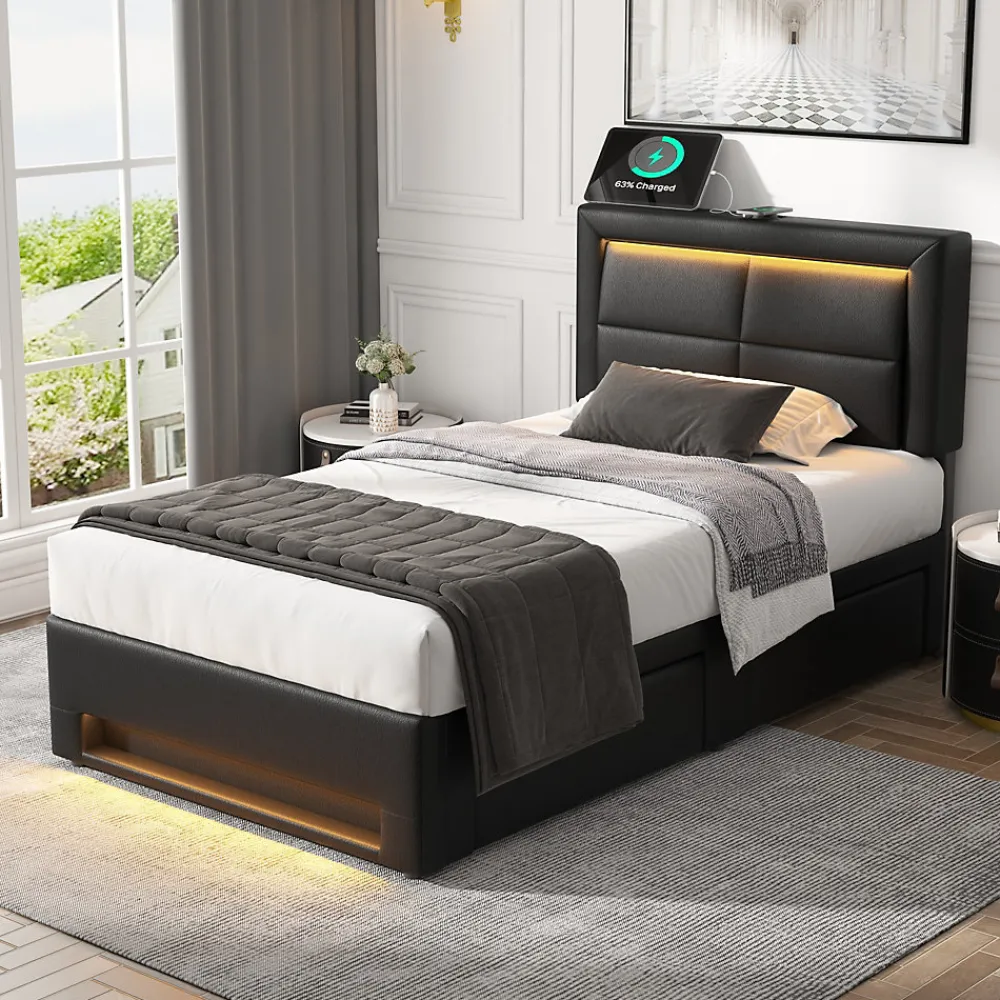 Generique Lit Simple 90x200 cm - Lit Coffre avec 4 Tiroirs et Éclairage LED - Lit Capitonné PU - Noir - Sans Matelas* Lit Coffre