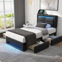 Generique Lit Simple 90x200 cm - Lit Coffre avec 4 Tiroirs et Éclairage LED - Lit Capitonné PU - Noir - Sans Matelas* Lit Coffre
