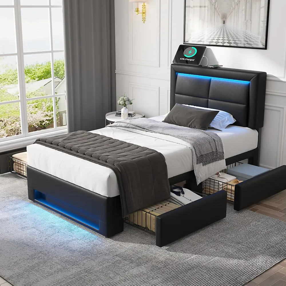 Generique Lit Simple 90x200 cm - Lit Coffre avec 4 Tiroirs et Éclairage LED - Lit Capitonné PU - Noir - Sans Matelas* Lit Coffre