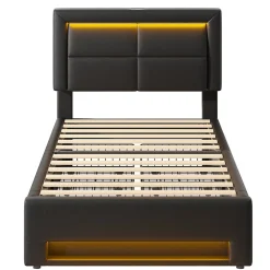 Generique Lit Simple 90x200 cm - Lit Coffre avec 4 Tiroirs et Éclairage LED - Lit Capitonné PU - Noir - Sans Matelas* Lit Coffre