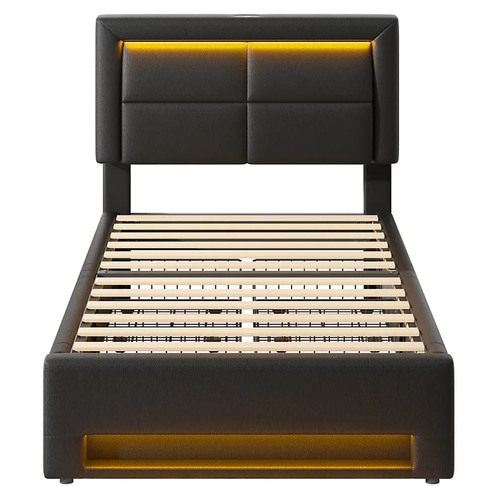 Generique Lit Simple 90x200 cm - Lit Coffre avec 4 Tiroirs et Éclairage LED - Lit Capitonné PU - Noir - Sans Matelas* Lit Coffre