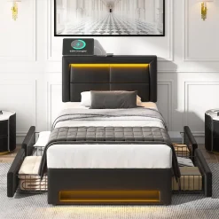 Generique Lit Simple 90x200 cm - Lit Coffre avec 4 Tiroirs et Éclairage LED - Lit Capitonné PU - Noir - Sans Matelas* Lit Coffre