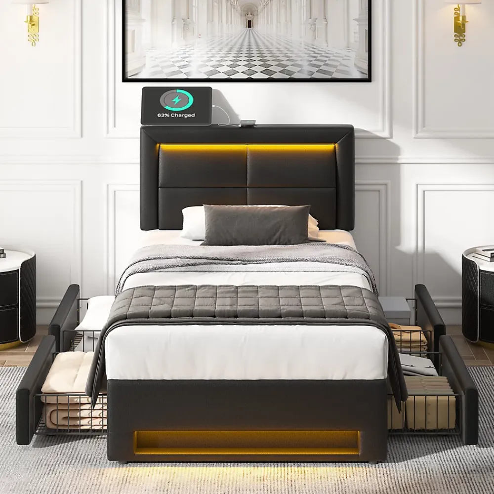 Generique Lit Simple 90x200 cm - Lit Coffre avec 4 Tiroirs et Éclairage LED - Lit Capitonné PU - Noir - Sans Matelas* Lit Coffre