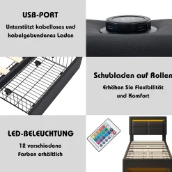 Generique Lit Simple 90x200 cm - Lit Coffre avec 4 Tiroirs et Éclairage LED - Lit Capitonné PU - Noir - Sans Matelas* Lit Coffre