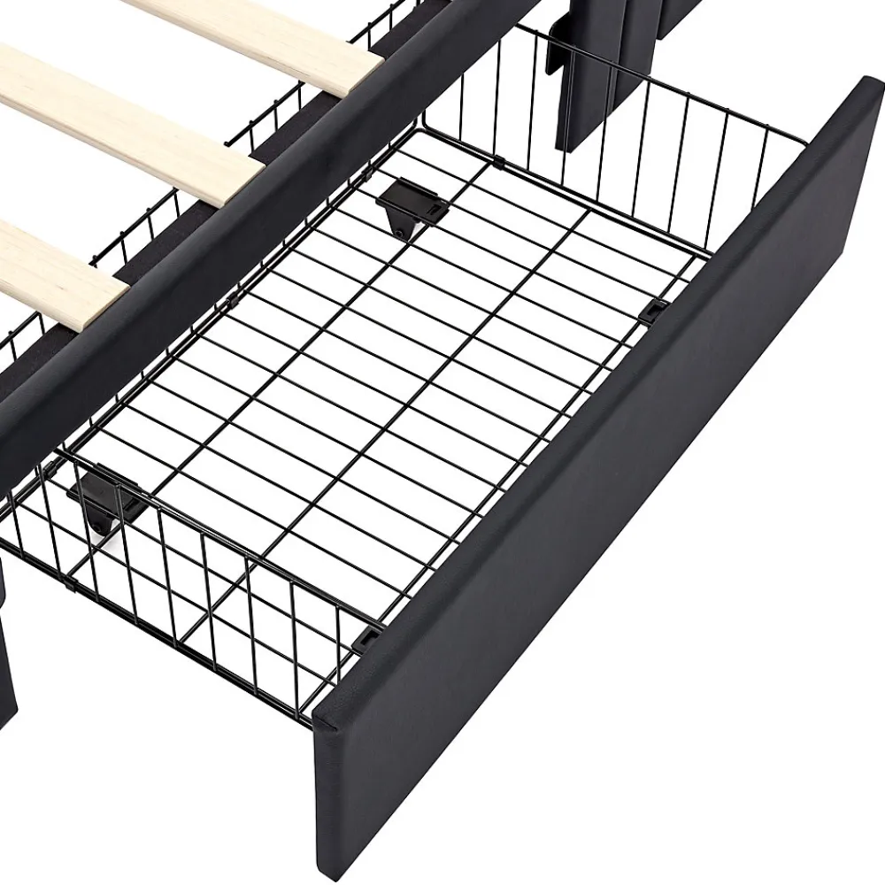 Generique Lit Simple 90x200 cm - Lit Coffre avec 4 Tiroirs et Éclairage LED - Lit Capitonné PU - Noir - Sans Matelas* Lit Coffre