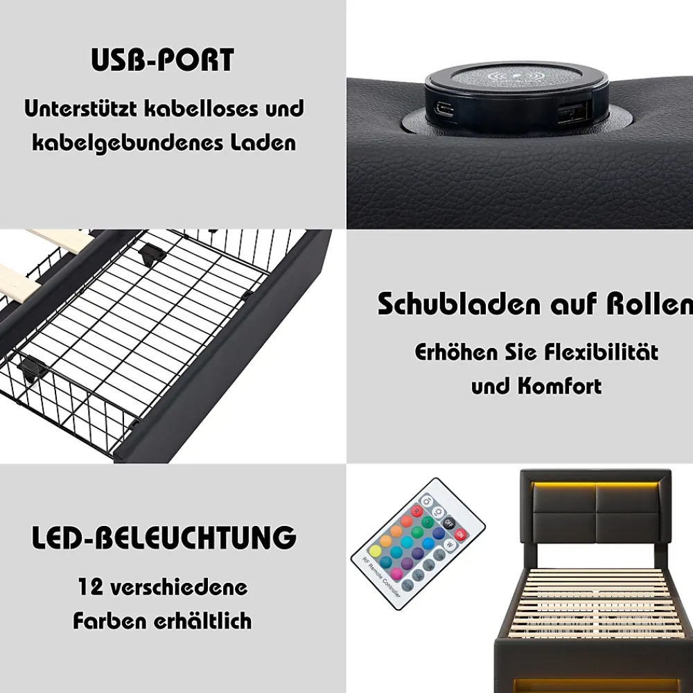 Okwish Lit Simple 90x190 cm - Lit Coffre avec 4 Tiroirs et Éclairage LED - Lit Capitonné PU - Noir - Sans Matelas* Lit Simple