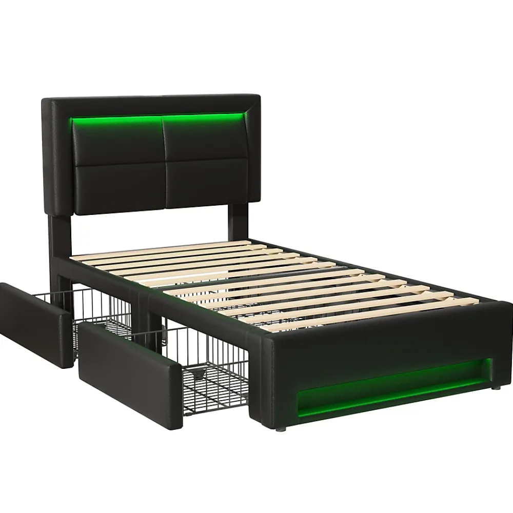 Okwish Lit Simple 90x190 cm - Lit Coffre avec 4 Tiroirs et Éclairage LED - Lit Capitonné PU - Noir - Sans Matelas* Lit Simple