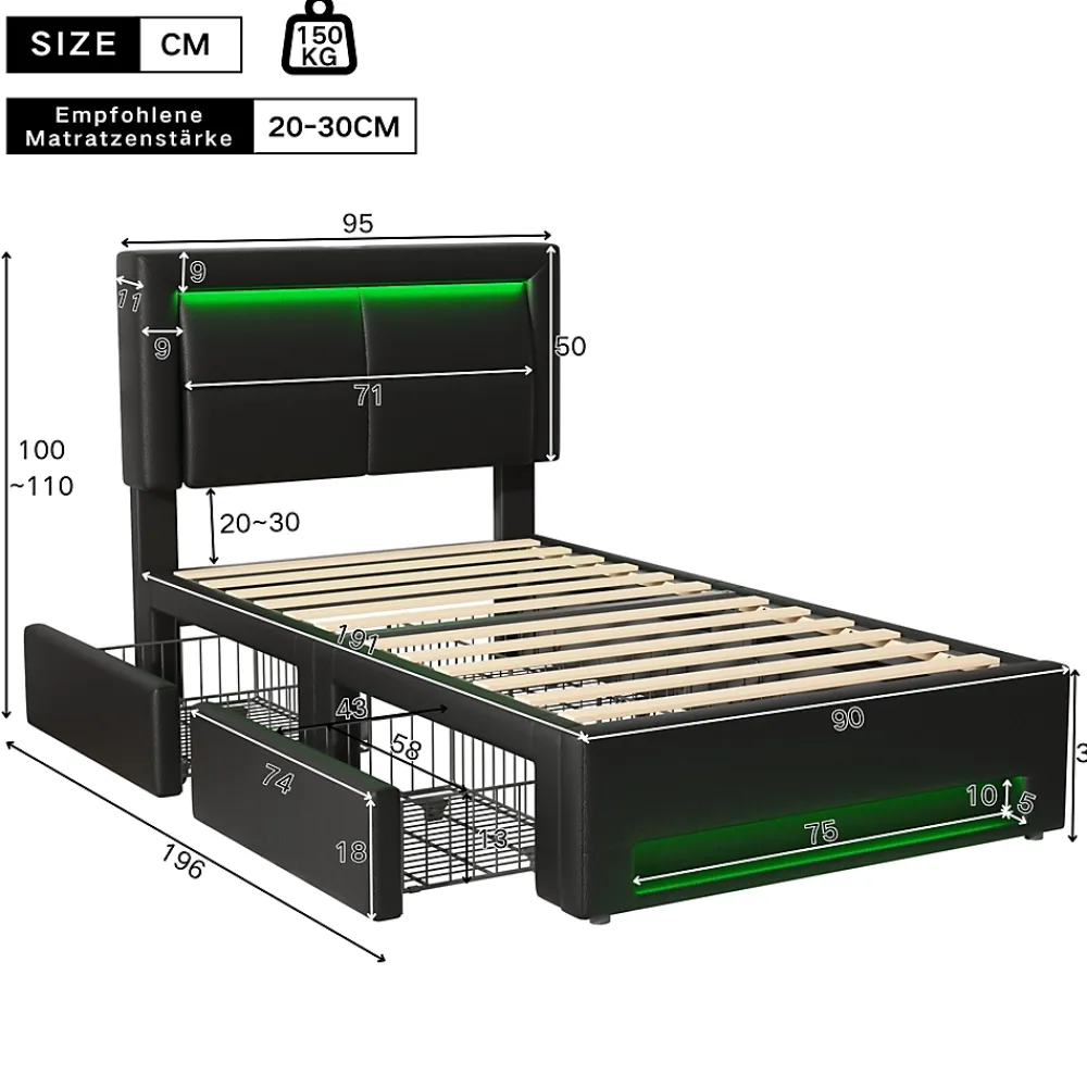Okwish Lit Simple 90x190 cm - Lit Coffre avec 4 Tiroirs et Éclairage LED - Lit Capitonné PU - Noir - Sans Matelas* Lit Simple