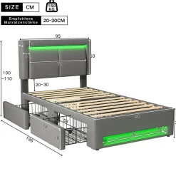 Lit Simple 90x190 cm - Lit Coffre avec 4 Tiroirs et Ports USB - Éclairage LED - Gain de Place - Gris - Sans Matelas><noscript><img width=