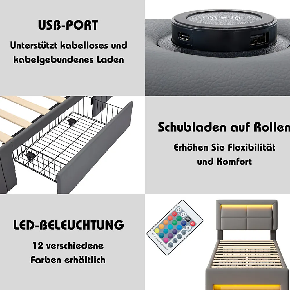 Lit Simple 90x190 cm - Lit Coffre avec 4 Tiroirs et Ports USB - Éclairage LED - Gain de Place - Gris - Sans Matelas>Okwish Clearance