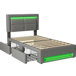 Lit Simple 90x190 cm - Lit Coffre avec 4 Tiroirs et Ports USB - Éclairage LED - Gain de Place - Gris - Sans Matelas><noscript><img width=