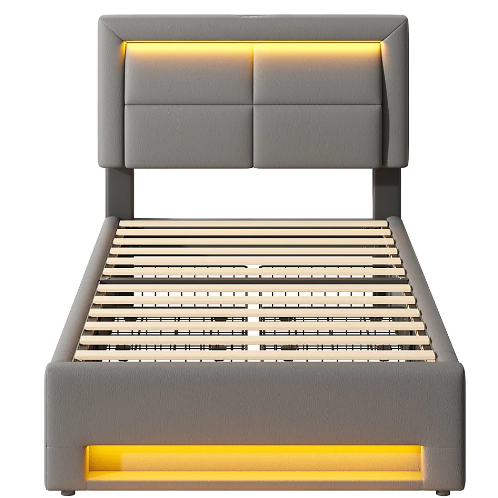 Lit Simple 90x190 cm - Lit Coffre avec 4 Tiroirs et Ports USB - Éclairage LED - Gain de Place - Gris - Sans Matelas>Okwish Clearance