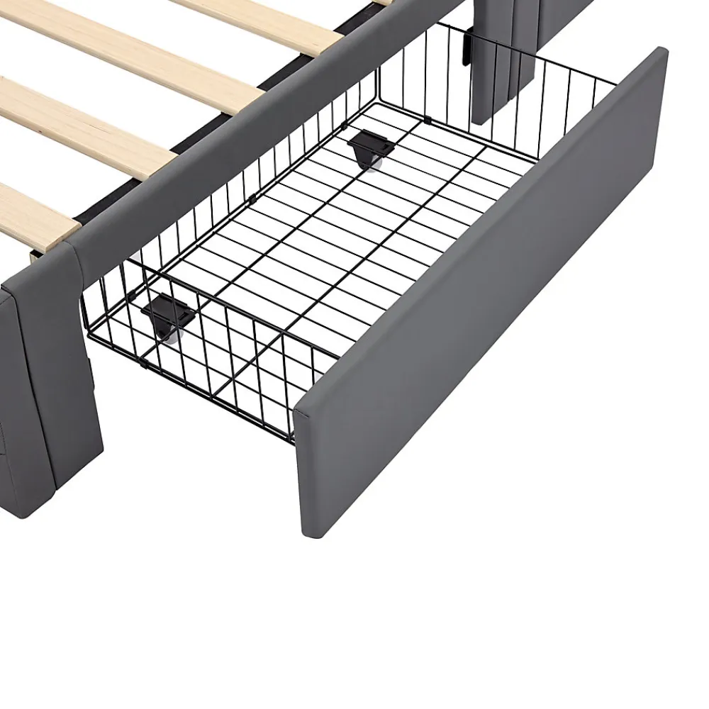 Lit Simple 90x190 cm - Lit Coffre avec 4 Tiroirs et Ports USB - Éclairage LED - Gain de Place - Gris - Sans Matelas>Okwish Clearance