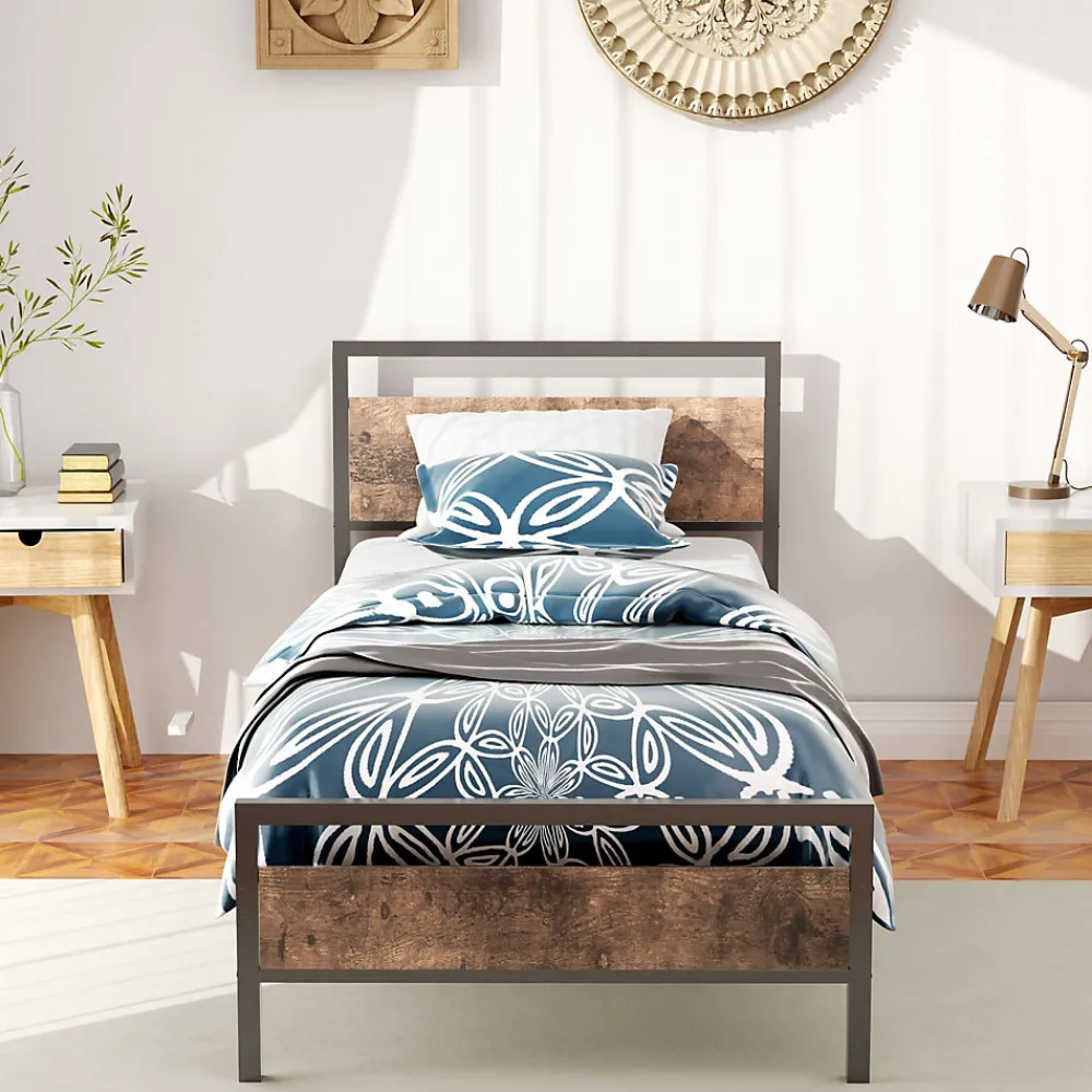 Lit Simple 90x200 cm - Lit en Métal Noir Solide avec Sommier à Lattes et Bois Robuste - Sans Matelas>Okwish Discount