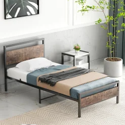 Lit Simple 90x200 cm - Lit en Métal Noir Solide avec Sommier à Lattes et Bois Robuste - Sans Matelas><noscript><img width=