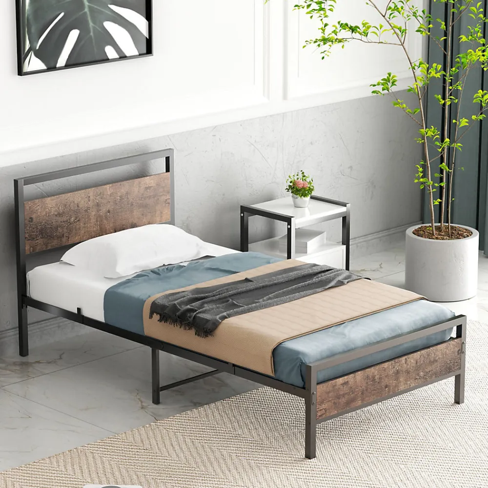 Lit Simple 90x200 cm - Lit en Métal Noir Solide avec Sommier à Lattes et Bois Robuste - Sans Matelas>Okwish Discount