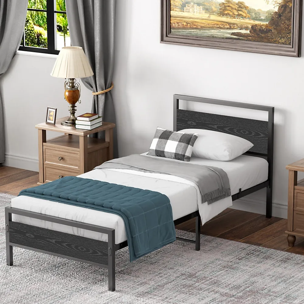 Okwish Lit Simple 90x200 cm - Lit en Métal Noir Robuste Gain de Place pour Petite Chambre - Sans Matelas* Lit Simple