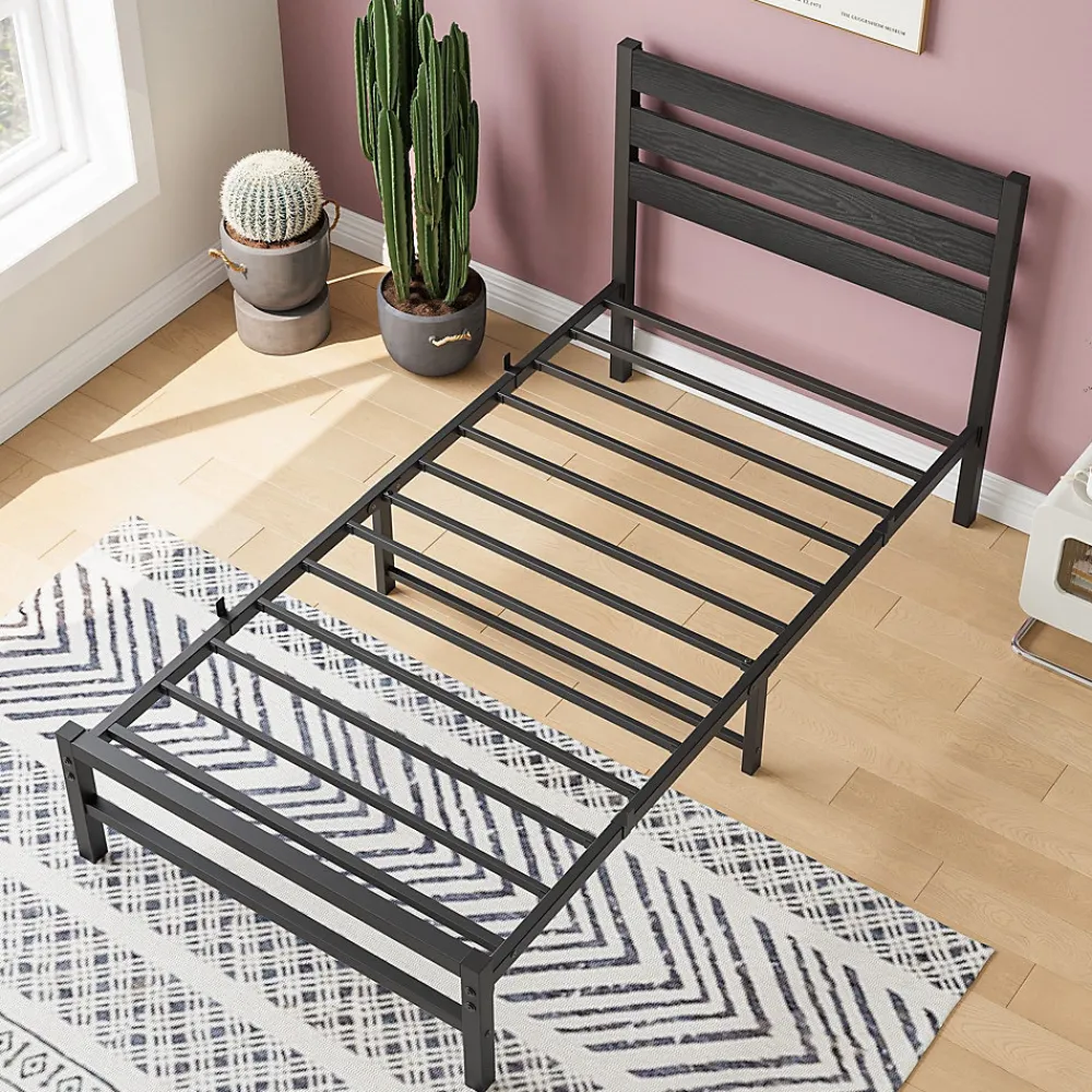 Okwish Lit Simple 90x200 cm - Lit en Métal Noir Contemporain et Durable pour Chambre Ado - Sans Matelas* Lit Simple