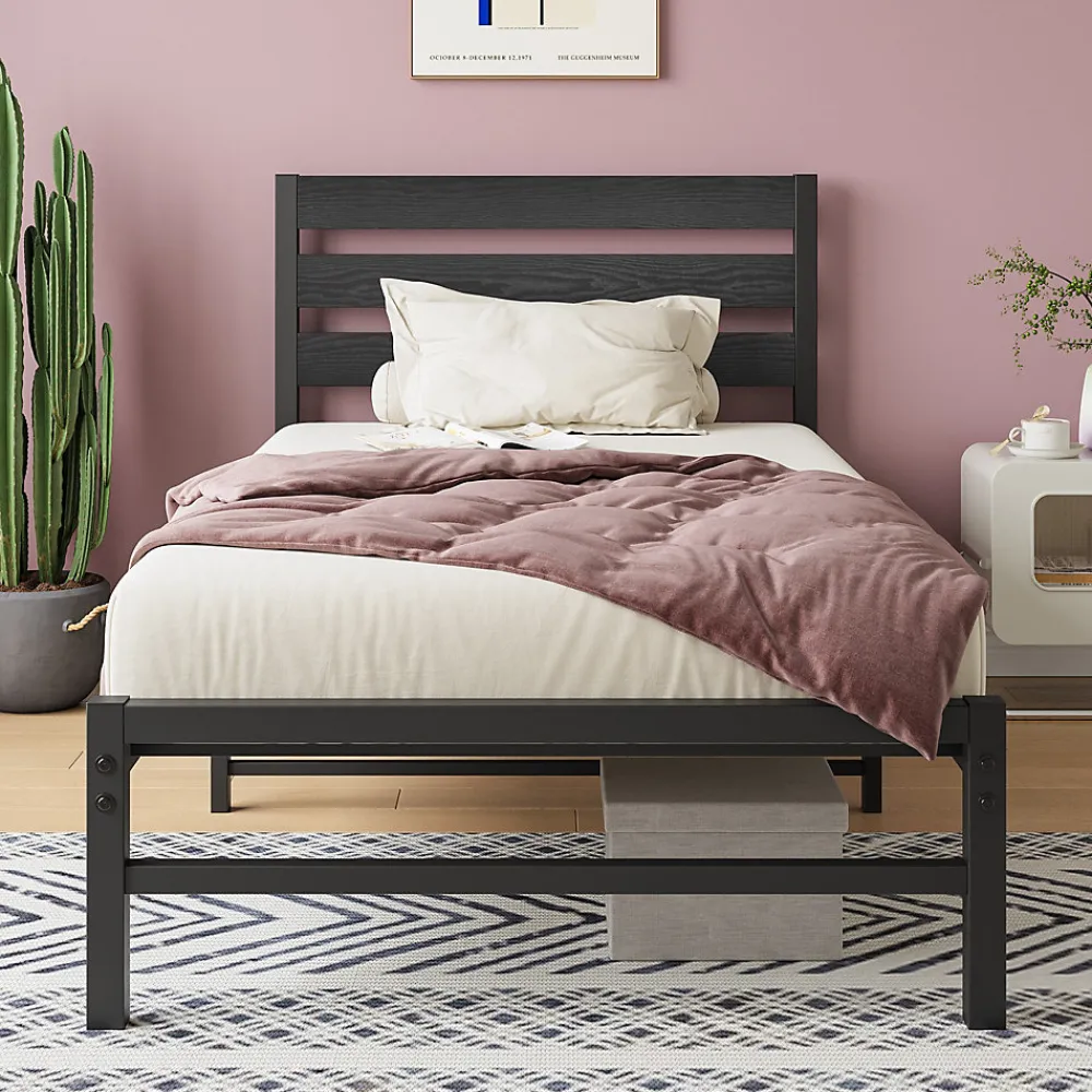Okwish Lit Simple 90x200 cm - Lit en Métal Noir Contemporain et Durable pour Chambre Ado - Sans Matelas* Lit Simple