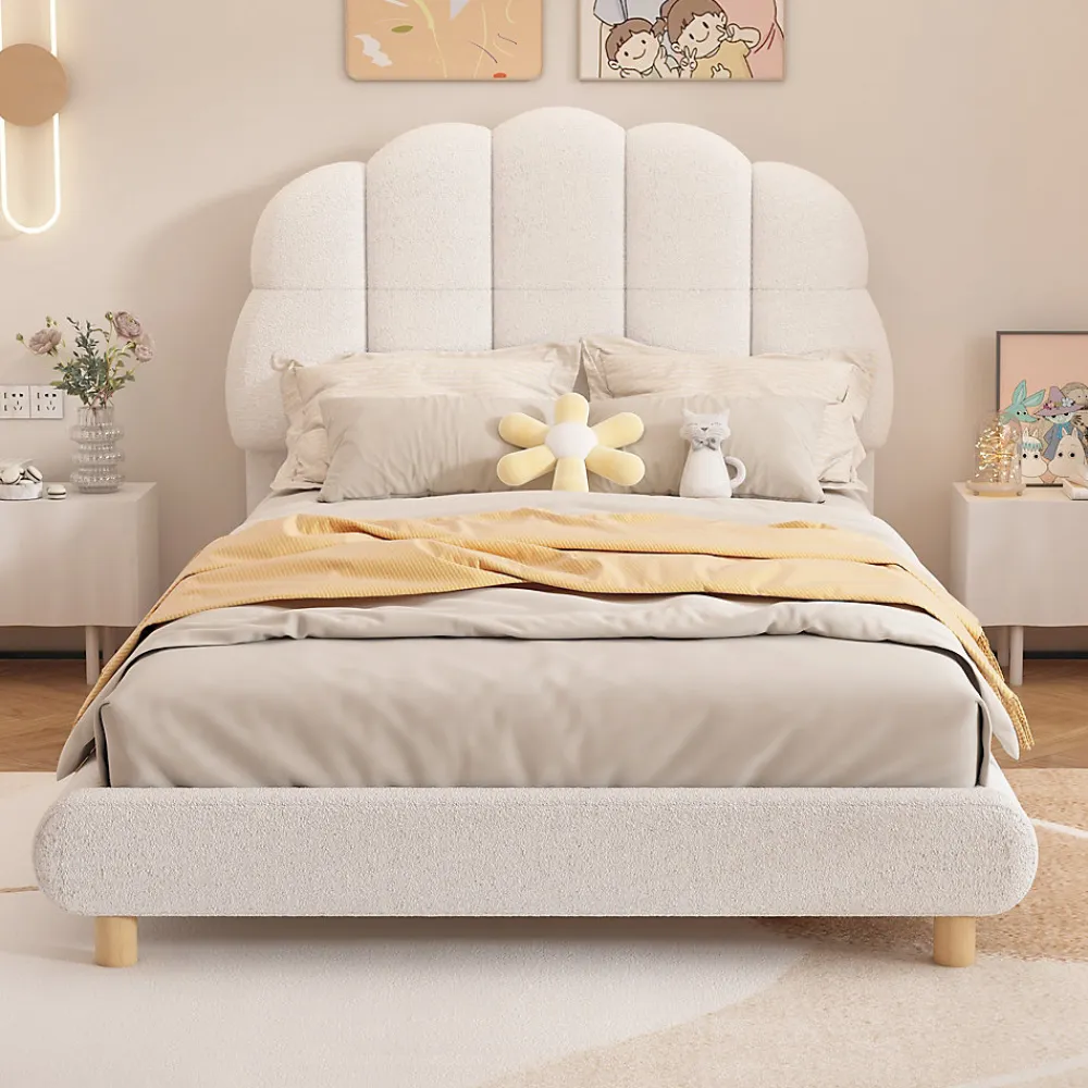 Lit Simple 90x200 cm - Lit Enfant Junior avec Tête de Lit en Peluche - Sans Matelas - Blanc>Okwish