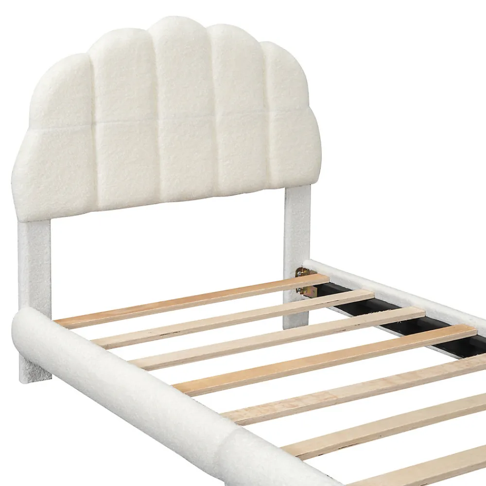 Lit Simple 90x200 cm - Lit Enfant Junior avec Tête de Lit en Peluche - Sans Matelas - Blanc>Okwish