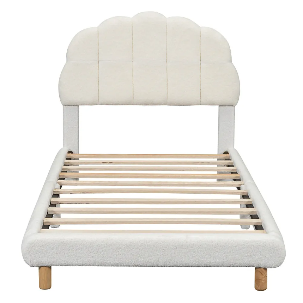 Lit Simple 90x200 cm - Lit Enfant Junior avec Tête de Lit en Peluche - Sans Matelas - Blanc>Okwish