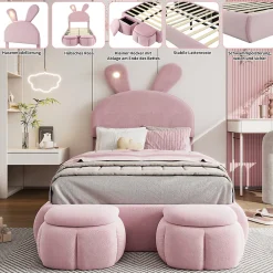 Lit Simple 90x200 cm - Lit enfant Rembourré avec Oreilles de Lapin et 2 Tabourets de Rangement - Velours - Rose><noscript><img width=