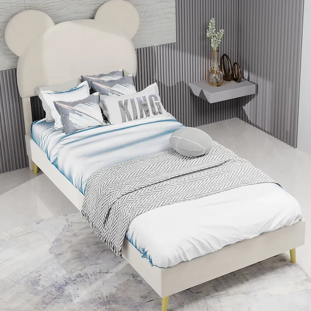 Okwish Lit Simple 90x200 cm - Lit Enfant avec Tête Cartoon Capitonnée et Cadre Bas, Velours Beige, sans Matelas*Enfant Lit Enfant