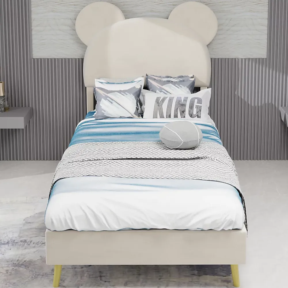 Okwish Lit Simple 90x200 cm - Lit Enfant avec Tête Cartoon Capitonnée et Cadre Bas, Velours Beige, sans Matelas*Enfant Lit Enfant