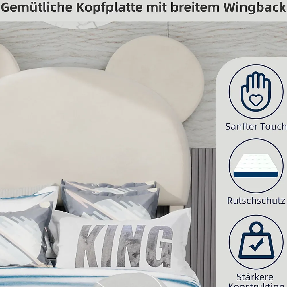 Okwish Lit Simple 90x200 cm - Lit Enfant avec Tête Cartoon Capitonnée et Cadre Bas, Velours Beige, sans Matelas*Enfant Lit Enfant