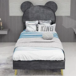 Okwish Lit Simple 90x200 cm - Lit Enfant avec Tête Cartoon Capitonnée et Cadre Bas, Velours Gris, sans Matelas*Enfant Lit Enfant