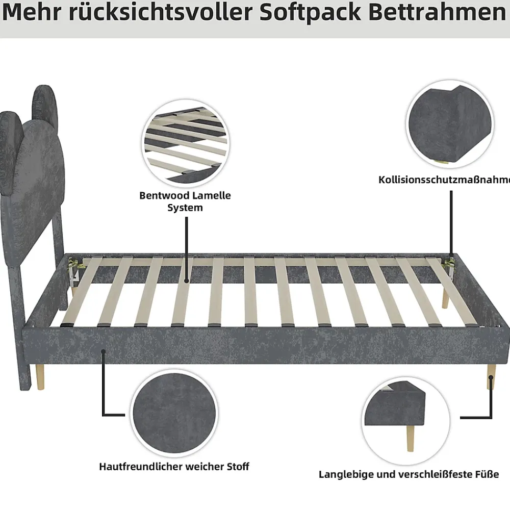 Okwish Lit Simple 90x200 cm - Lit Enfant avec Tête Cartoon Capitonnée et Cadre Bas, Velours Gris, sans Matelas*Enfant Lit Enfant