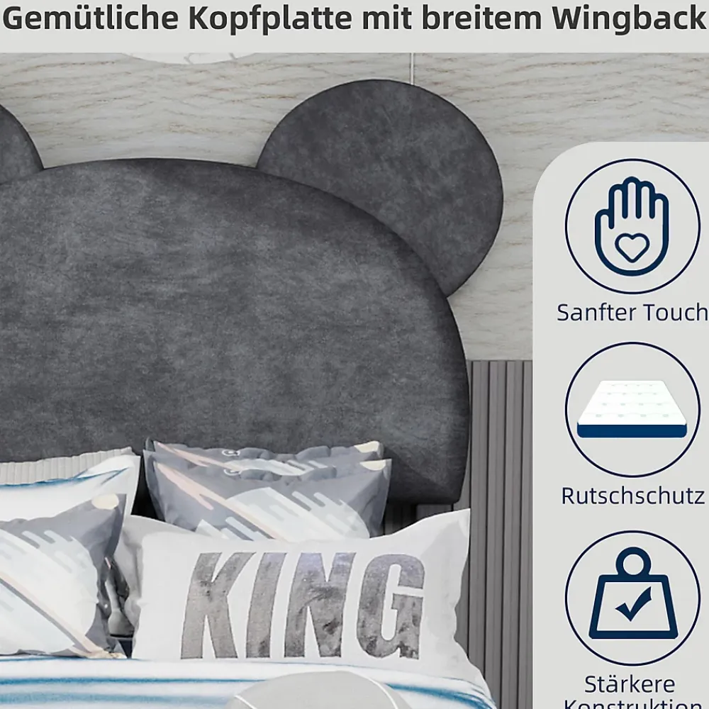 Okwish Lit Simple 90x200 cm - Lit Enfant avec Tête Cartoon Capitonnée et Cadre Bas, Velours Gris, sans Matelas*Enfant Lit Enfant