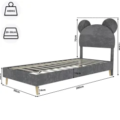 Okwish Lit Simple 90x200 cm - Lit Enfant avec Tête Cartoon Capitonnée et Cadre Bas, Velours Gris, sans Matelas*Enfant Lit Enfant