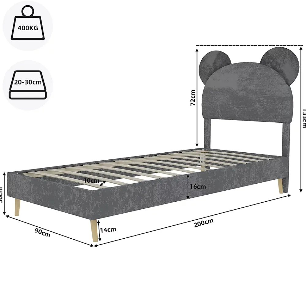 Okwish Lit Simple 90x200 cm - Lit Enfant avec Tête Cartoon Capitonnée et Cadre Bas, Velours Gris, sans Matelas*Enfant Lit Enfant