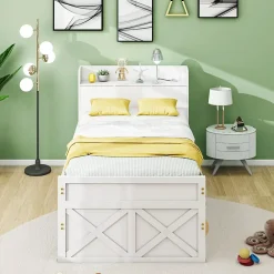 Okwish Lit Simple 90x190 cm - Lit Junior avec Tiroirs Coulissants et Table de Chevet avec Étageres, Prise USB - Bois Massif - Blanc* Lit Simple