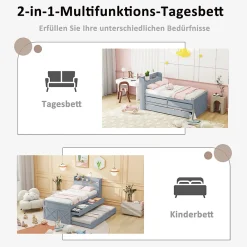 Lit Simple 90x190 cm - Lit Junior avec Tiroir Coulissant et Table de Chevet avec Étageres, Prise USB - Bois Massif - Gris><noscript><img width=
