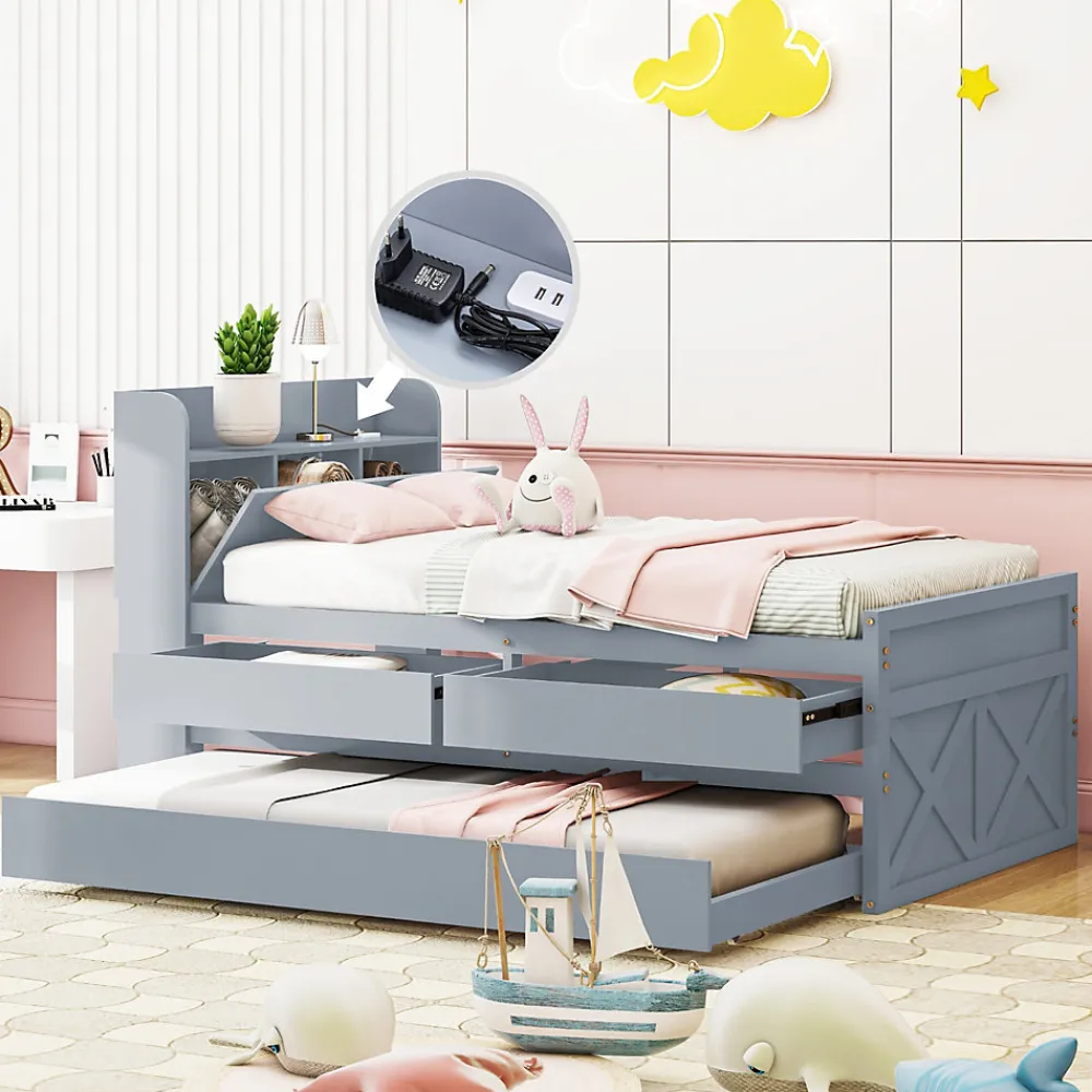 Lit Simple 90x190 cm - Lit Junior avec Tiroir Coulissant et Table de Chevet avec Étageres, Prise USB - Bois Massif - Gris>Okwish