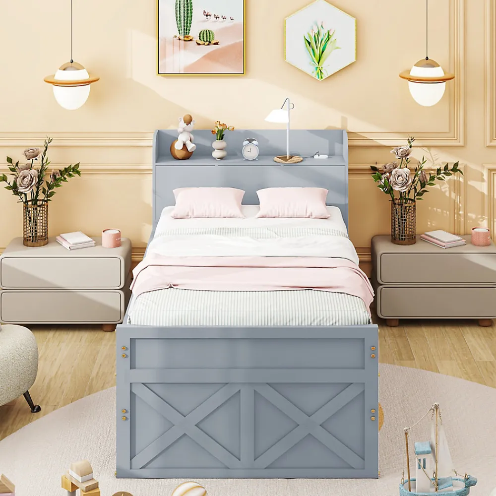 Lit Simple 90x190 cm - Lit Junior avec Tiroir Coulissant et Table de Chevet avec Étageres, Prise USB - Bois Massif - Gris>Okwish