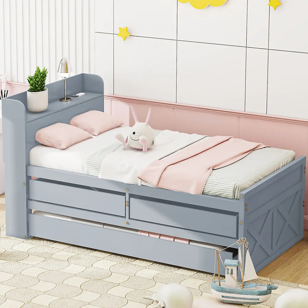 Lit Simple 90x190 cm - Lit Junior avec Tiroir Coulissant et Table de Chevet avec Étageres, Prise USB - Bois Massif - Gris>Okwish