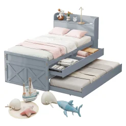 Lit Simple 90x190 cm - Lit Junior avec Tiroir Coulissant et Table de Chevet avec Étageres, Prise USB - Bois Massif - Gris><noscript><img width=