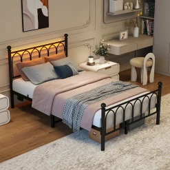 Lit Simple 120x200 cm - Lit Métal Ado Vintage avec LED et Ports USB, Barres Acier Renforcées, Sans Matelas - Métal Noir><noscript><img data-lazyloaded=