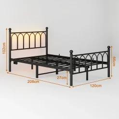 Lit Simple 120x200 cm - Lit Métal Ado Vintage avec LED et Ports USB, Barres Acier Renforcées, Sans Matelas - Métal Noir><noscript><img data-lazyloaded=